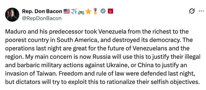 تغريدة من النائب دون بيكون ينتقد فيها مادورو وتراجع فنزويلا، ويذكر العمل العسكري ضد روسيا والصين كمخاوف
