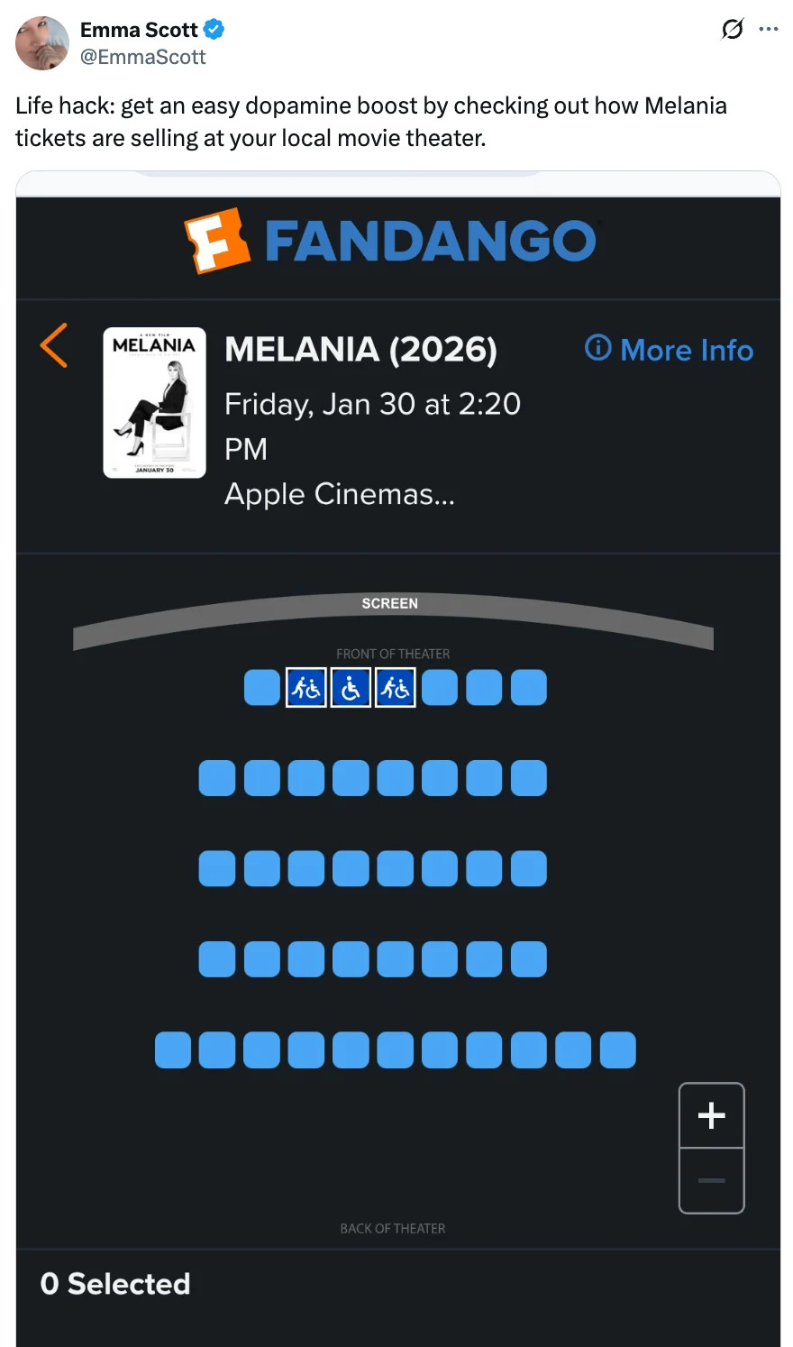 مخطط الجلوس ل "ميلانيا (2026)" فيلم في Apple Cinemas يوم الجمعة، 30 يناير الساعة 2:20 ظهرًا، يُظهر المقاعد المتاحة والتي يمكن الوصول إليها